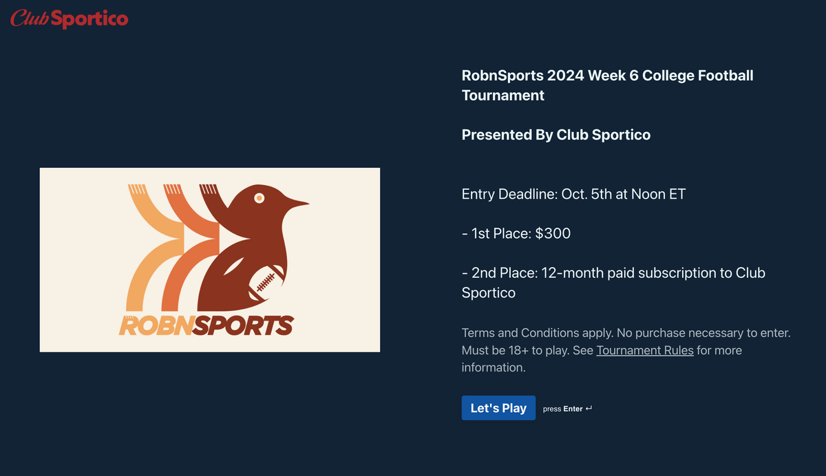 The Week 6 CFB Tournament Presented By Club Sportico Is LIVE