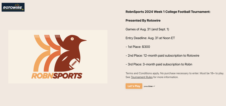 The Week 1 CFB Tournament Presented By Rotowire -- Final Results